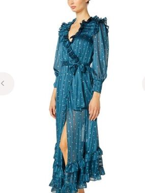 Misa Los Angeles Teal Ruffle-Trim Wrap Maxi Dress